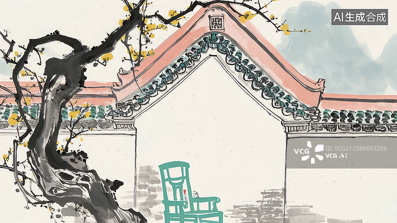 【AI数字艺术】水墨画最大-水墨画背景壁纸2古建筑旁的梅树与绿椅图片素材