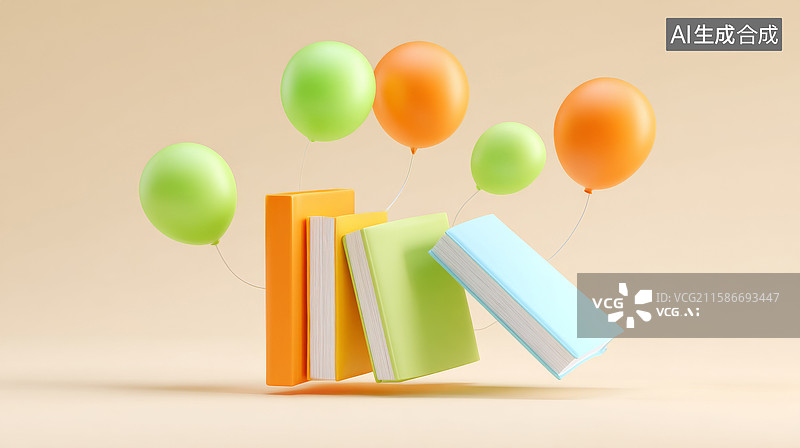 【AI数字艺术】飘浮的彩色书本和气球图片素材
