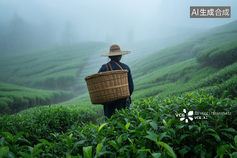 【AI数字艺术】云雾弥漫的茶园，背着竹篓的茶农图片素材