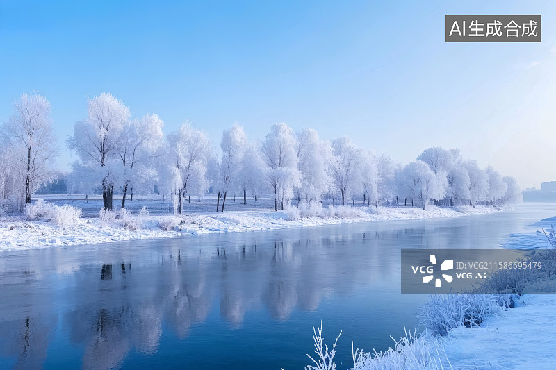 【AI数字艺术】大雪节气，宽阔的河流，岸边松树林，地面被积雪覆盖图片素材