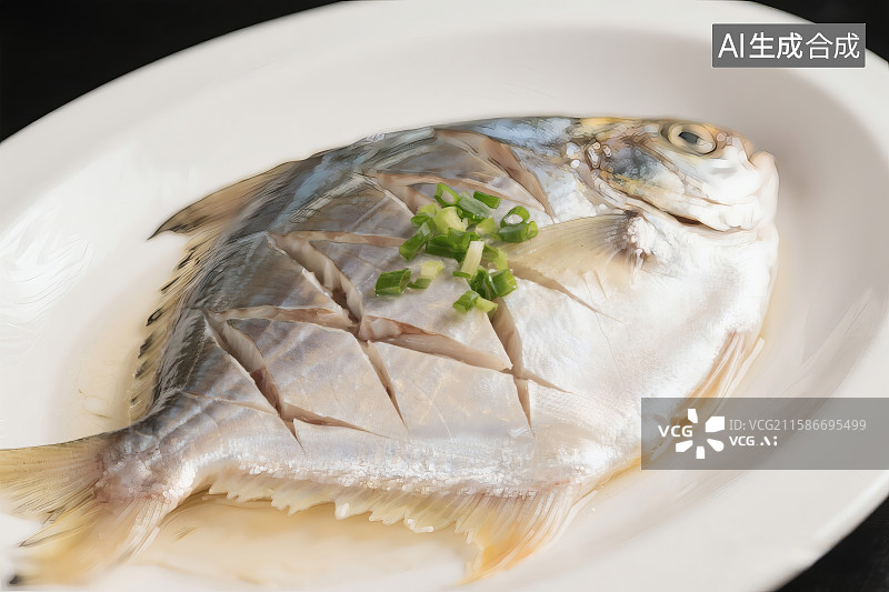 【AI数字艺术】白色瓷盘中的清蒸鲳鱼，打着花刀，撒着葱花图片素材