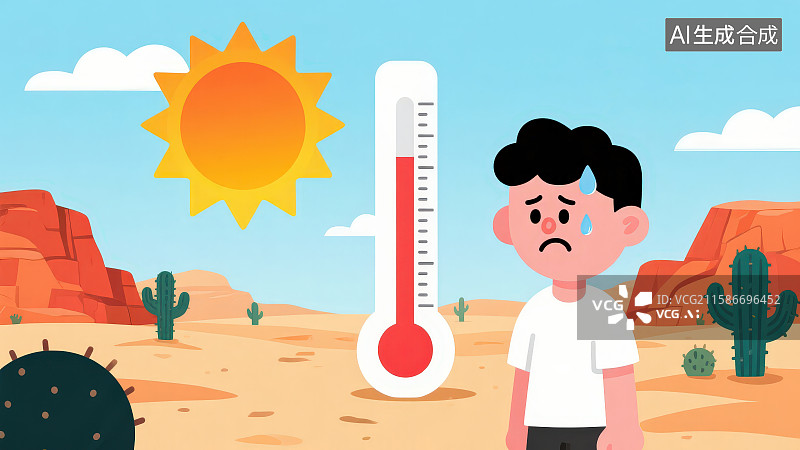 【AI数字艺术】蓝天白云户外沙漠大太阳超高温度显示温度计卡通男孩热的出汗，高温预警夏季烈日天气预防中暑三伏天插画图片素材