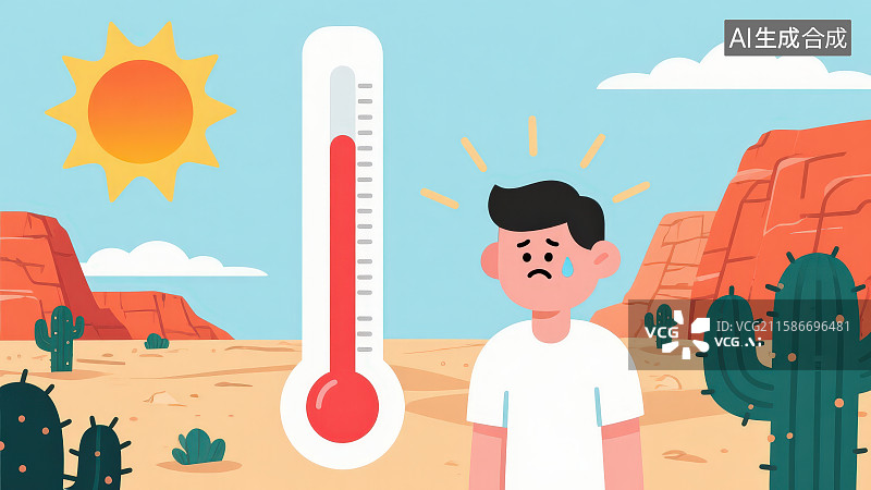 【AI数字艺术】蓝天白云户外沙漠大太阳超高温度显示温度计卡通男孩热的出汗，高温预警夏季烈日天气预防中暑三伏天插画图片素材