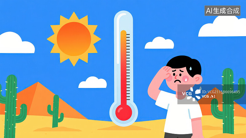【AI数字艺术】蓝天白云户外沙漠大太阳超高温度显示温度计卡通男孩热的出汗，高温预警夏季烈日天气预防中暑三伏天插画图片素材