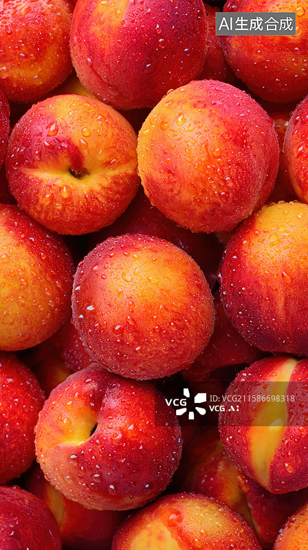 【AI数字艺术】新鲜水滴桃子堆叠特写图片素材