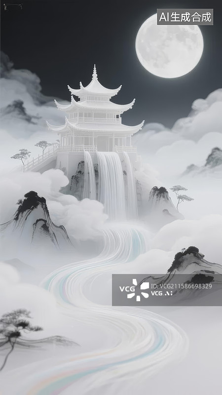 【AI数字艺术】云中古寺仙境图片素材