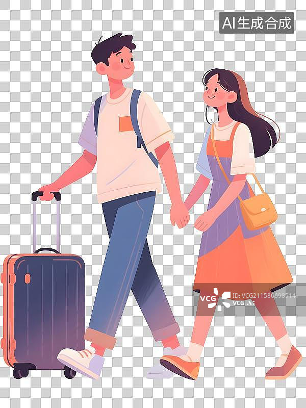 【AI数字艺术】国庆节五一节一对情侣出行旅游扁平人物插画免抠元素图片素材