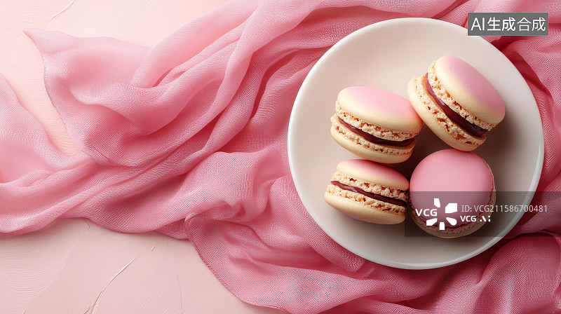 【AI数字艺术】粉色丝巾上的马卡龙甜点图片素材