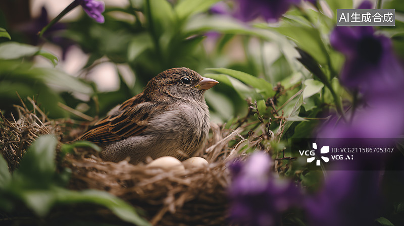 【AI数字艺术】小鸟在花丛中的巢穴图片素材