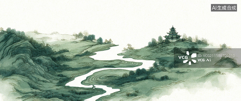 【AI数字艺术】山水环绕的古塔风景图片素材