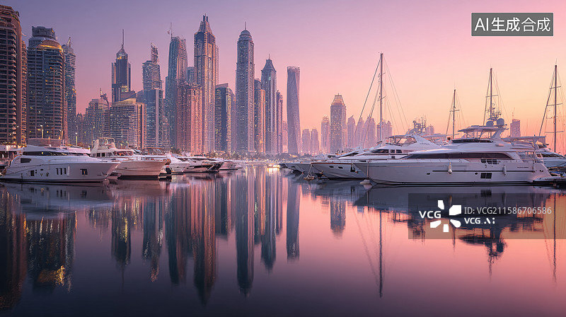 【AI数字艺术】日落时分的摩天大楼与游艇图片素材