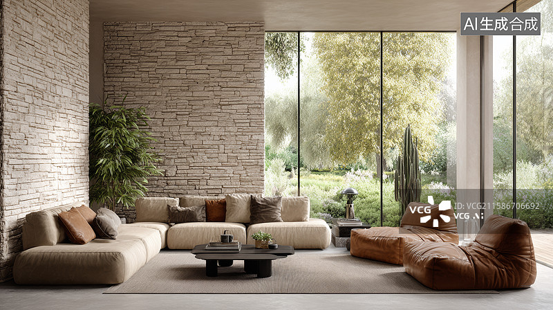 【AI数字艺术】现代客厅设计，自然光与绿植点缀图片素材