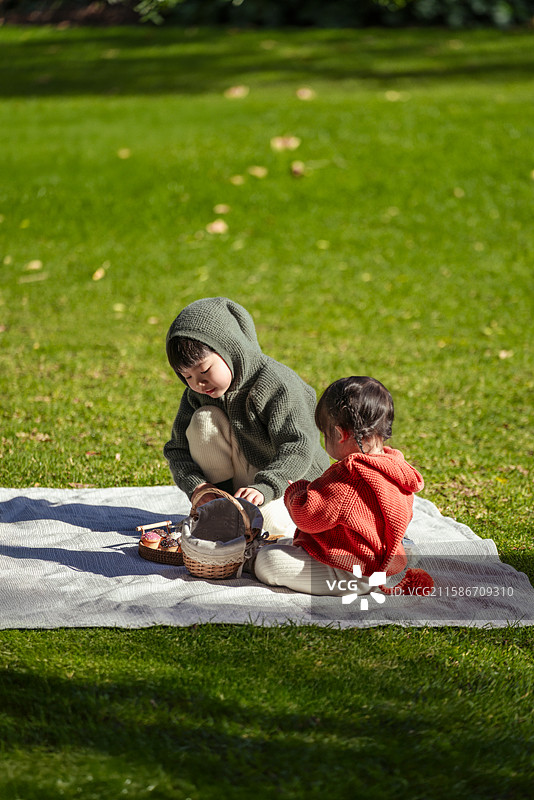花园草坪上的野餐两个小孩图片素材