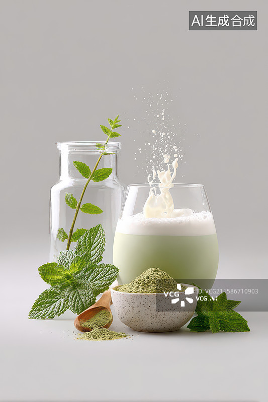 【AI数字艺术】抹茶奶油分层饮品配薄荷叶图图片素材