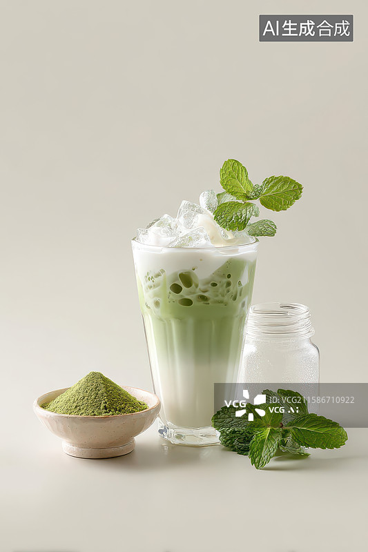 【AI数字艺术】抹茶奶油分层饮品配薄荷叶图图片素材