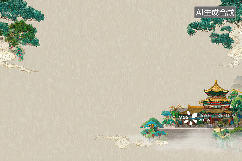 【AI数字艺术】云雾缭绕中式古建筑山水画卷图片素材