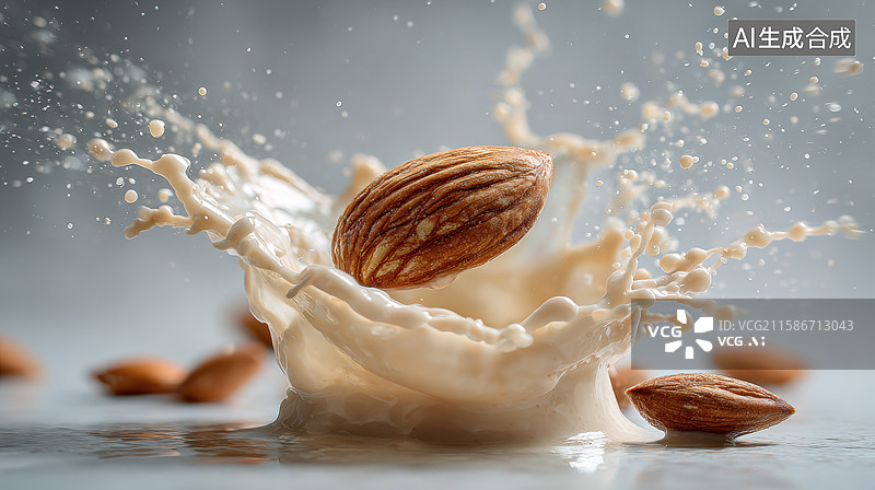 【AI数字艺术】杏仁落入牛奶溅起瞬间图片素材