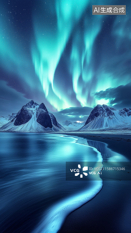 【AI数字艺术】北极光下的雪景图片素材