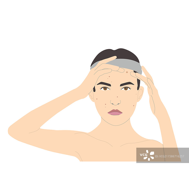 面部护肤的悲伤女性，脸上有皮疹或痤疮图片素材