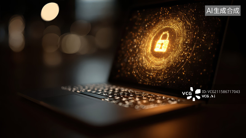 【AI数字艺术】金色发光网络数据安全保护科技概念背景图片素材