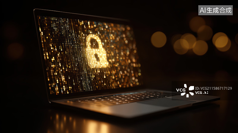 【AI数字艺术】金色发光网络数据安全保护科技概念背景图片素材