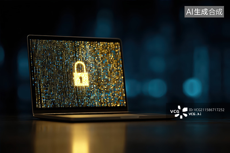 【AI数字艺术】蓝金色发光网络数据安全保护科技概念背景图片素材