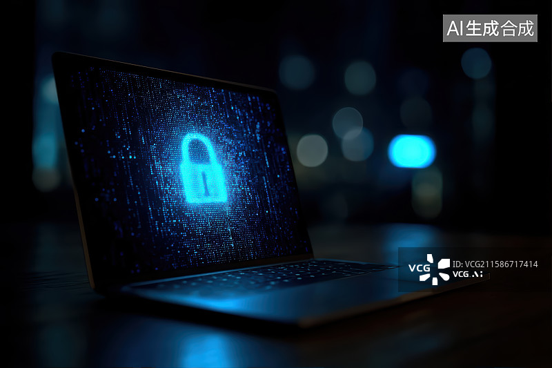 【AI数字艺术】蓝色发光网络数据安全保护科技概念背景图片素材