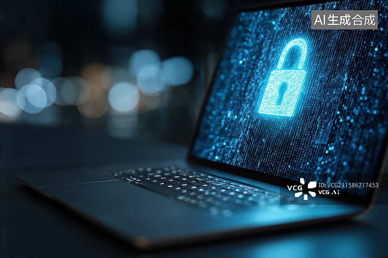 【AI数字艺术】蓝色发光网络数据安全保护科技概念背景图片素材