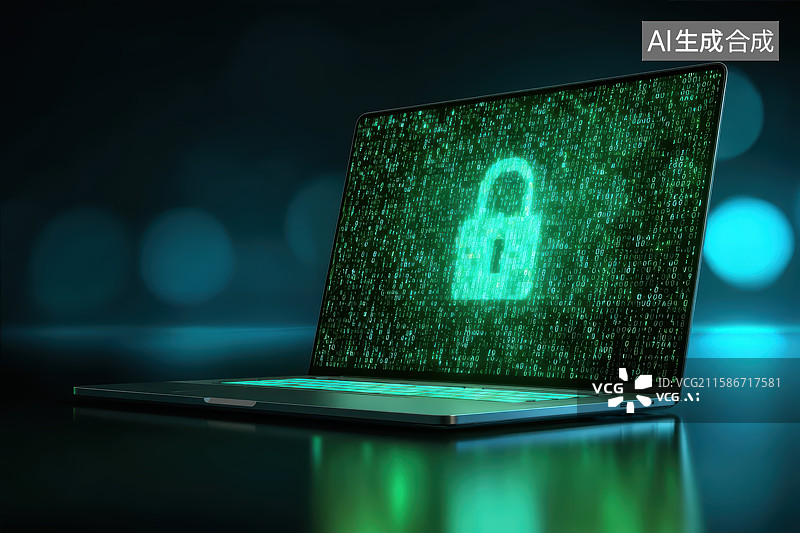 【AI数字艺术】绿色发光网络数据安全保护科技概念背景图片素材