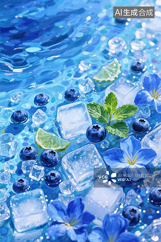 【AI数字艺术】冰块蓝莓与薄荷的清凉组合图片素材