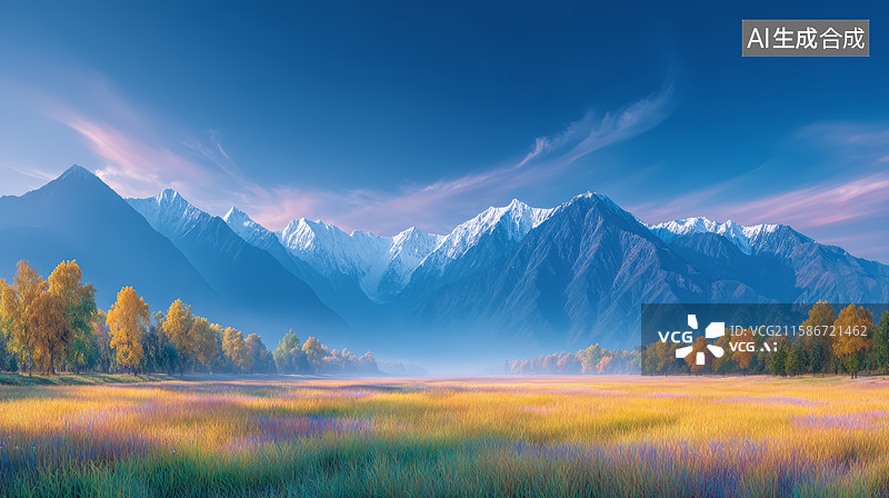 【AI数字艺术】雪山下色彩斑斓的草原图片素材