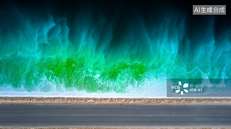 【AI数字艺术】海边道路旁的 vibrant 海浪图片素材