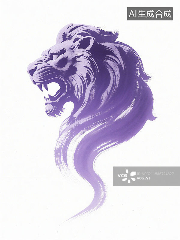 【AI数字艺术】紫色狮子头图案，鬃毛浓密，表情威严，整体风格简约而富有艺术感图片素材