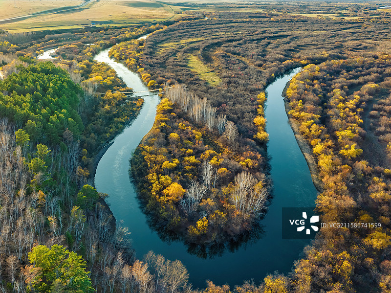 额尔古纳黑山头湿地，秋日森林河流清澈，金黄橙红叶子迷人。图片素材
