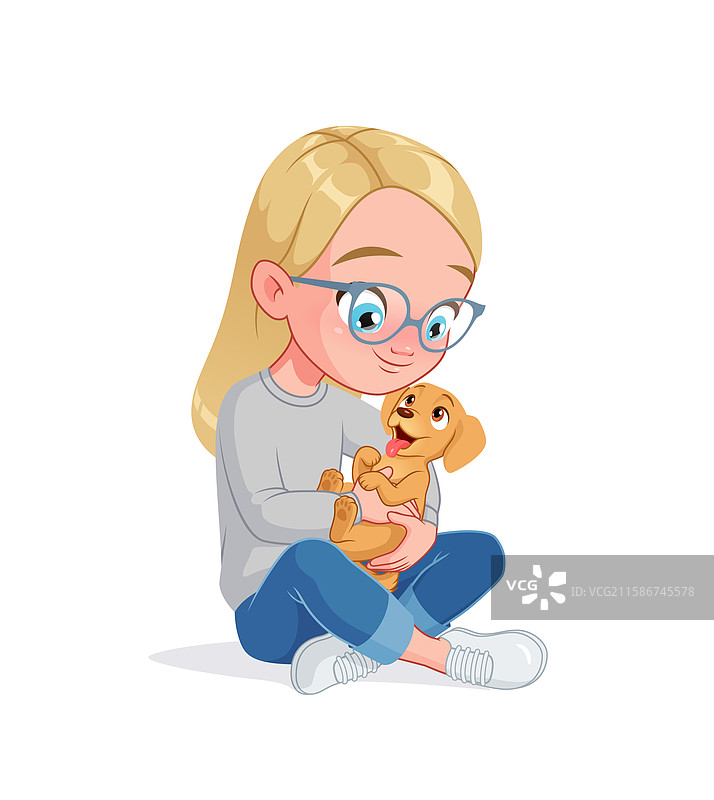 戴着眼镜的小女孩抱着一只小狗图片素材