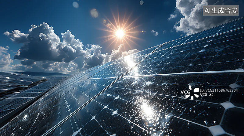 【AI数字艺术】阳光照耀下的太阳能板图片素材
