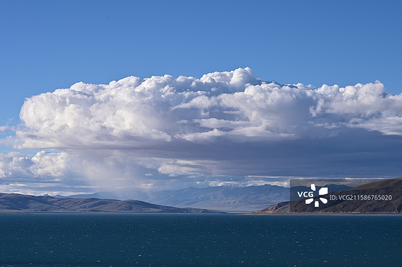 魔鬼湖拉昂错的景色：白云与湛蓝的湖水图片素材