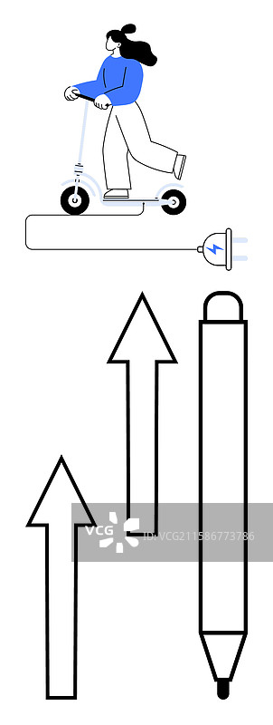骑着电动滑板车的女性，手中拿着箭头和笔图片素材