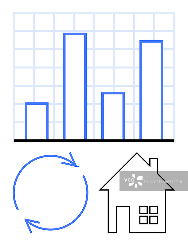 条形图、圆形箭头和房屋轮廓图片素材