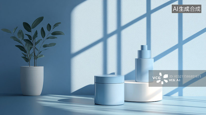 【AI数字艺术】简约室内展示台与绿植图片素材