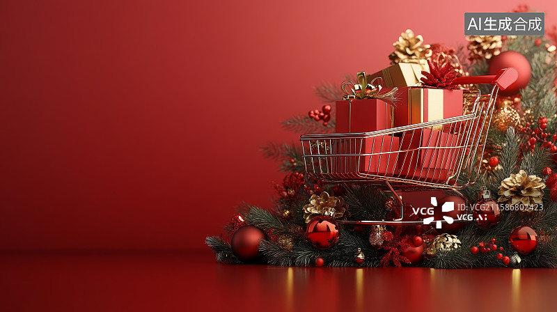 【AI数字艺术】购物车满载圣诞礼物与装饰图片素材