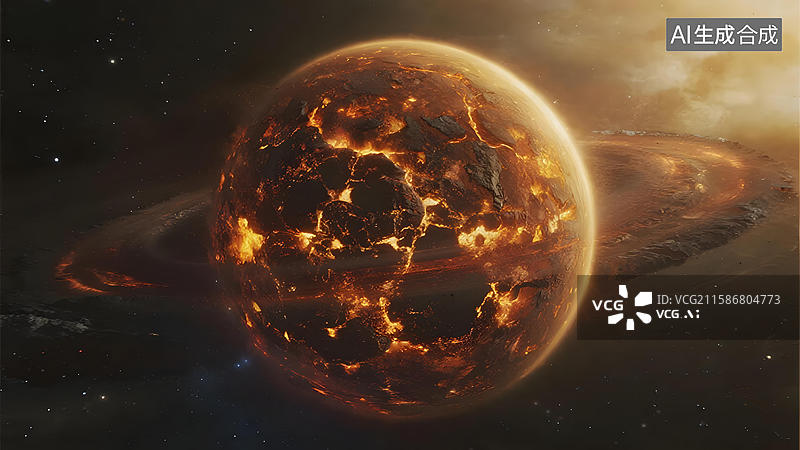 【AI数字艺术】炽热星球与环带的宇宙景象图片素材