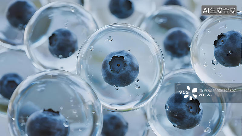 【AI数字艺术】蓝莓悬浮于透明球体中图片素材