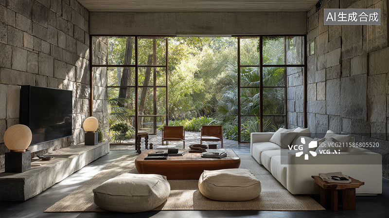 【AI数字艺术】现代简约客厅，大窗引入自然光图片素材