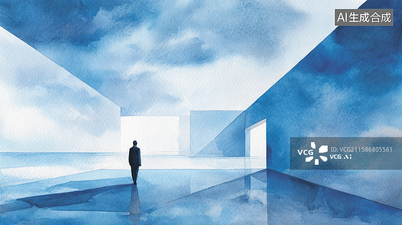 【AI数字艺术】蓝色空间中的孤独身影图片素材