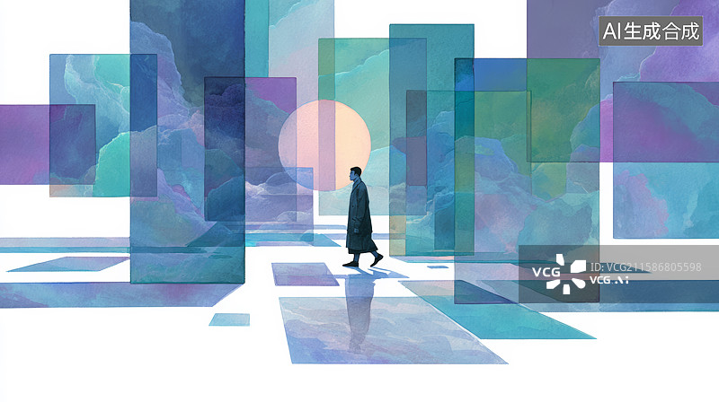 【AI数字艺术】行者穿越抽象城市图片素材