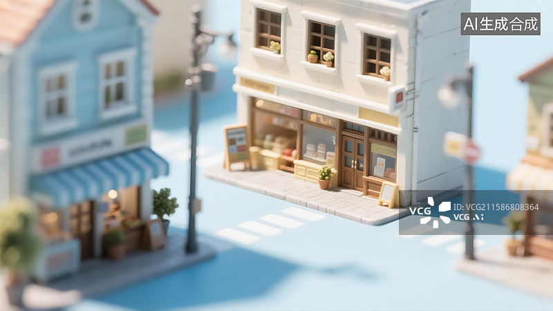 【AI数字艺术】可爱风微缩街道店铺模型场景插画图片素材