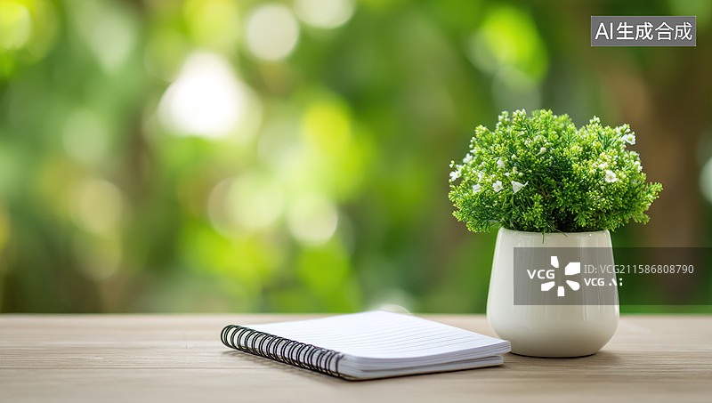 【AI数字艺术】木桌上的笔记本与绿植盆栽图片素材