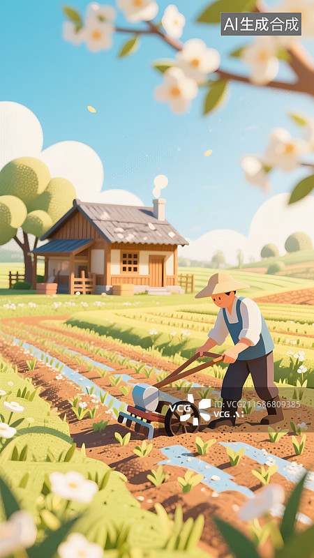 【AI数字艺术】春天农民耕种场景插画图片素材
