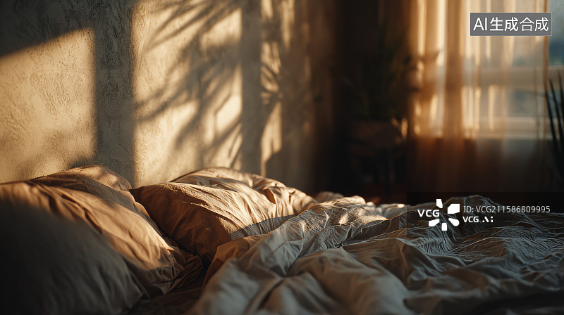【AI数字艺术】阳光洒入卧室的温暖床铺图片素材